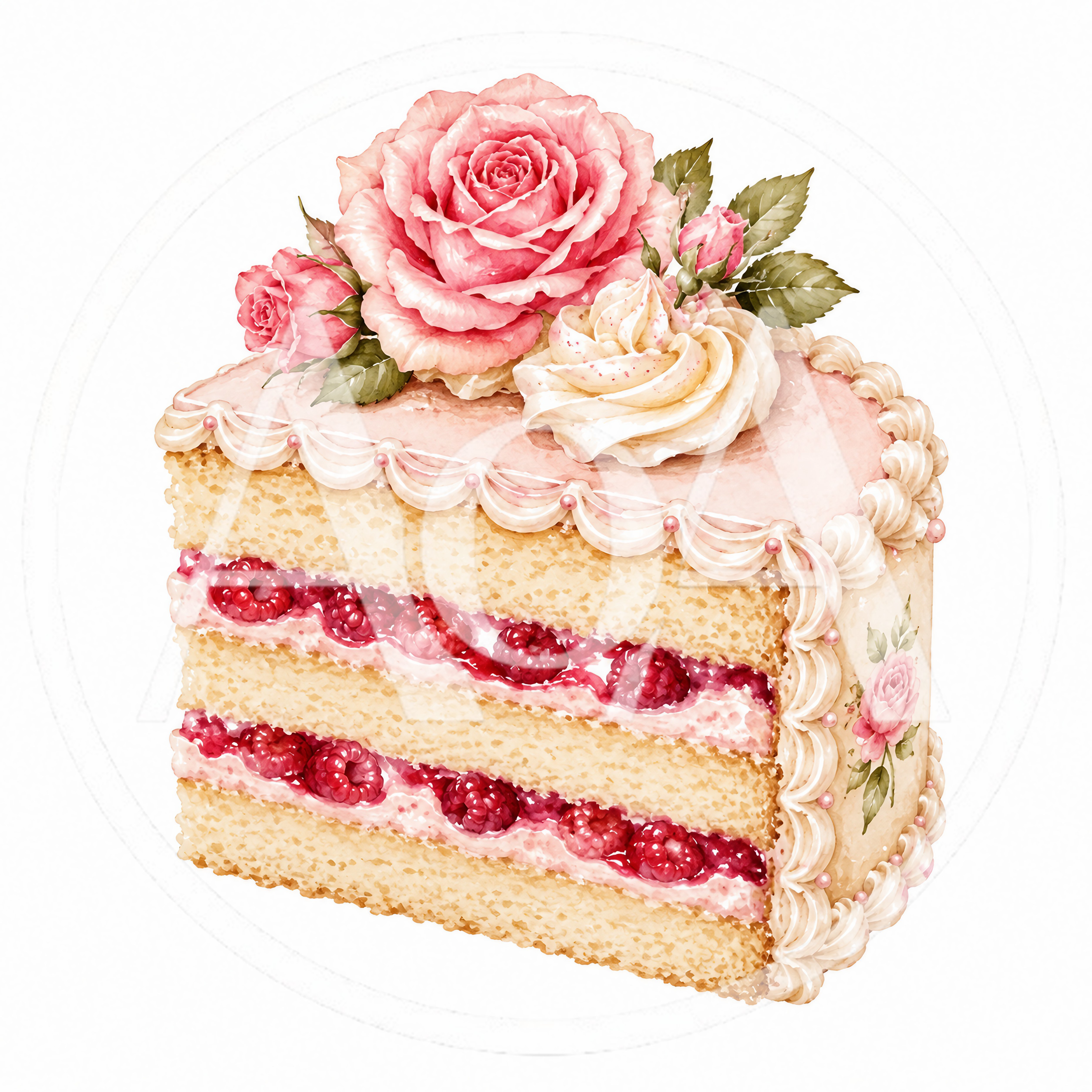 Watercolor Illustration Of A Raspberry Rose Layer Cake