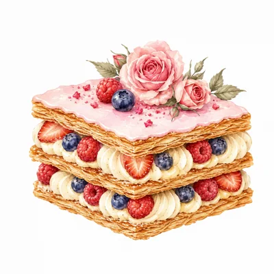 Watercolor Illustration Of A Layered Mille Feuille Pastry