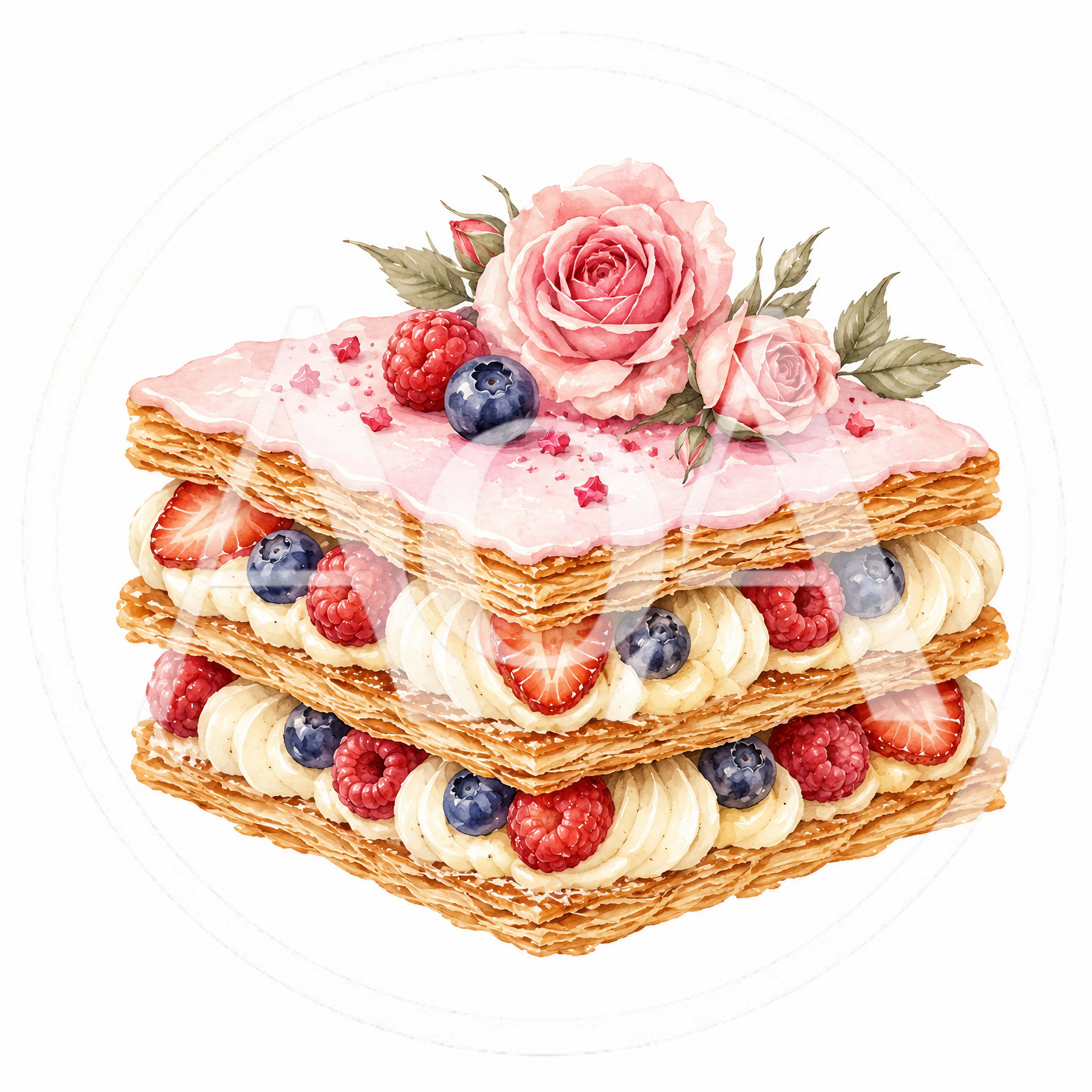 Watercolor Illustration Of A Layered Mille Feuille Pastry