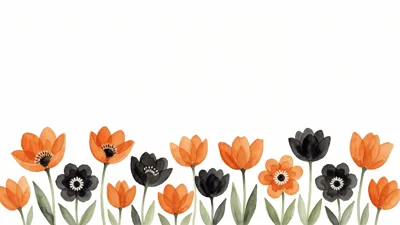 Watercolor Orange And Black Tulip Floral Border