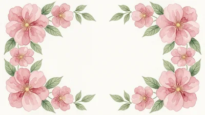 Watercolor Pink Floral Frame With Green Leaves