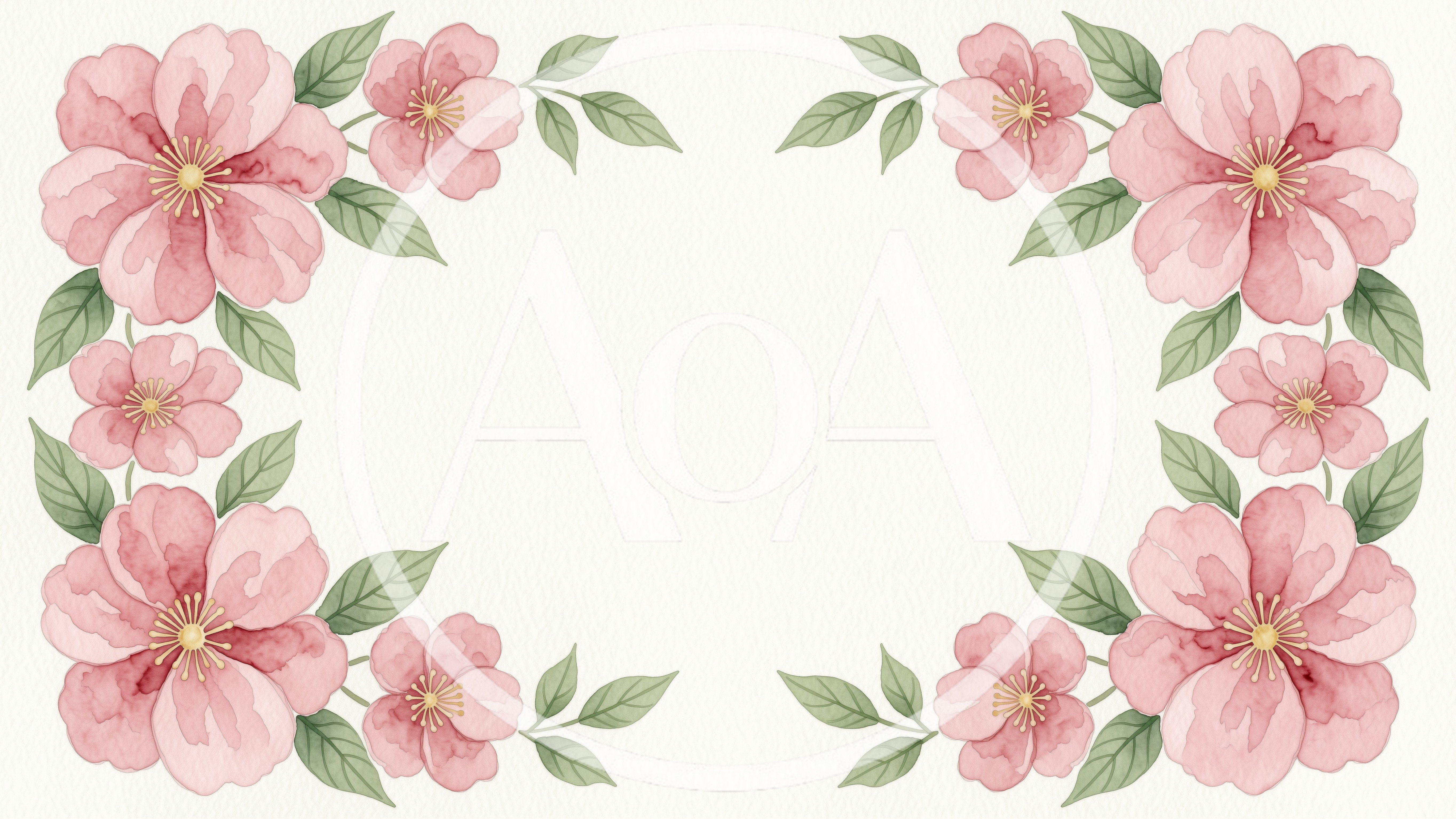Watercolor Pink Floral Frame With Green Leaves