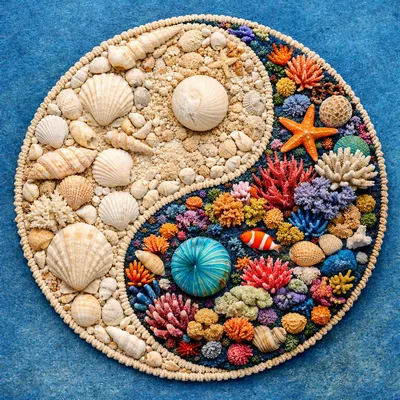 Yin Yang Symbol Made Of Seashells And Coral