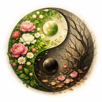 Yin Yang Symbol With Floral And Winter Tree Elements