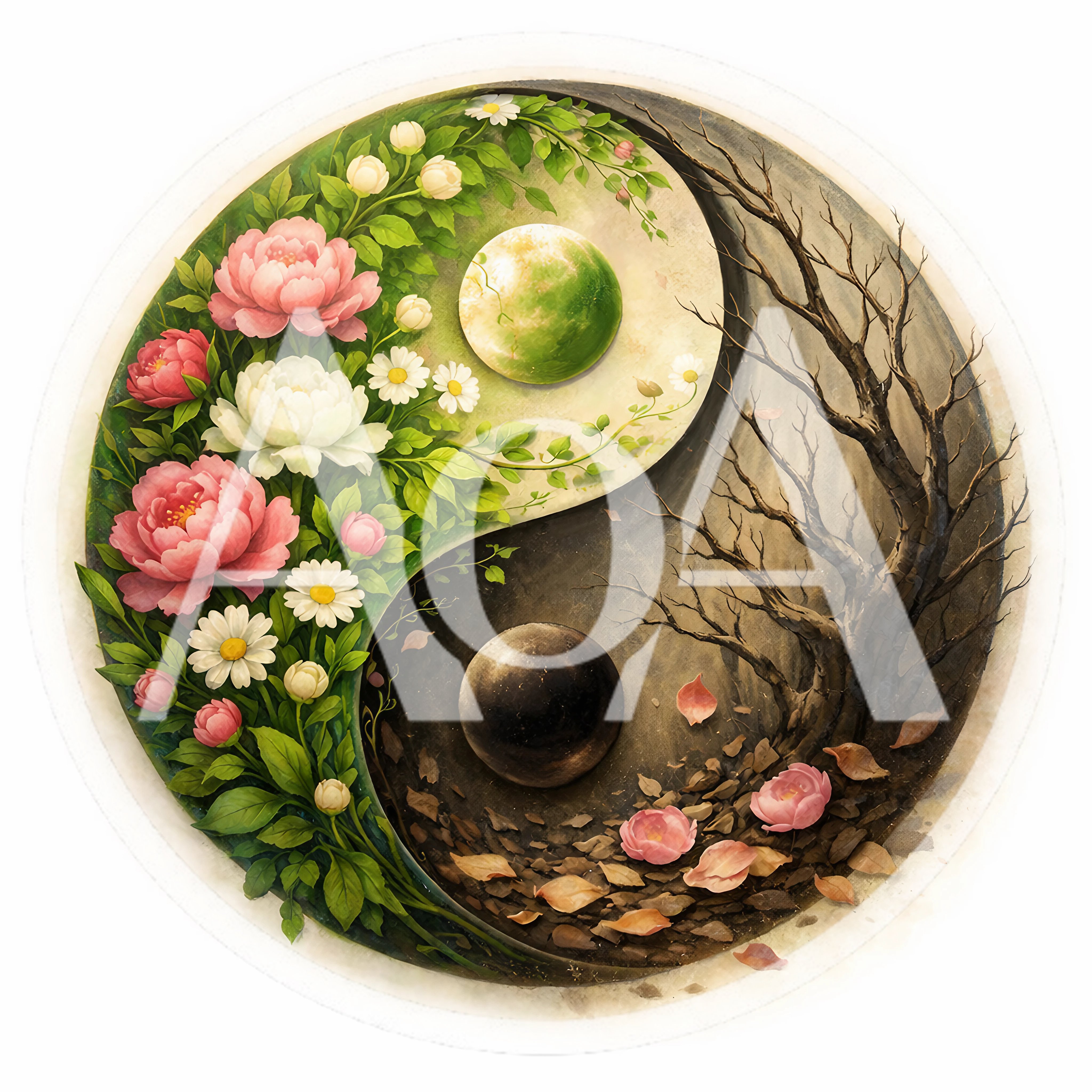 Yin Yang Symbol With Floral And Winter Tree Elements