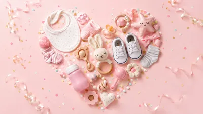 Baby Shower Flat Lay With Toys And Clothing