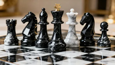 Marble Chess Pieces Arranged on a Checkered Board