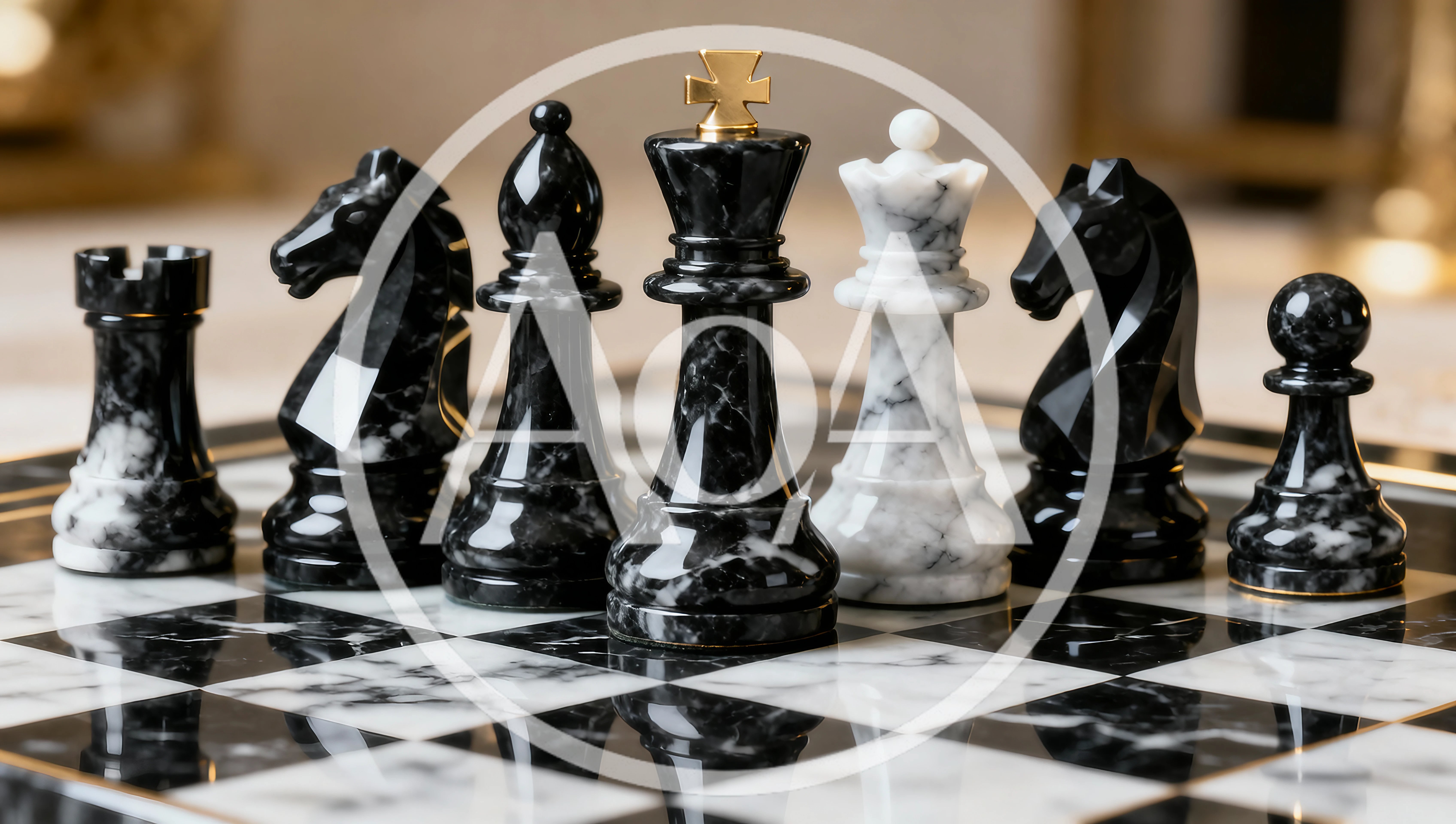 Marble Chess Pieces Arranged on a Checkered Board