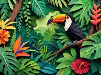 Papercraft Toucan Perched In A Lush Tropical Jungle