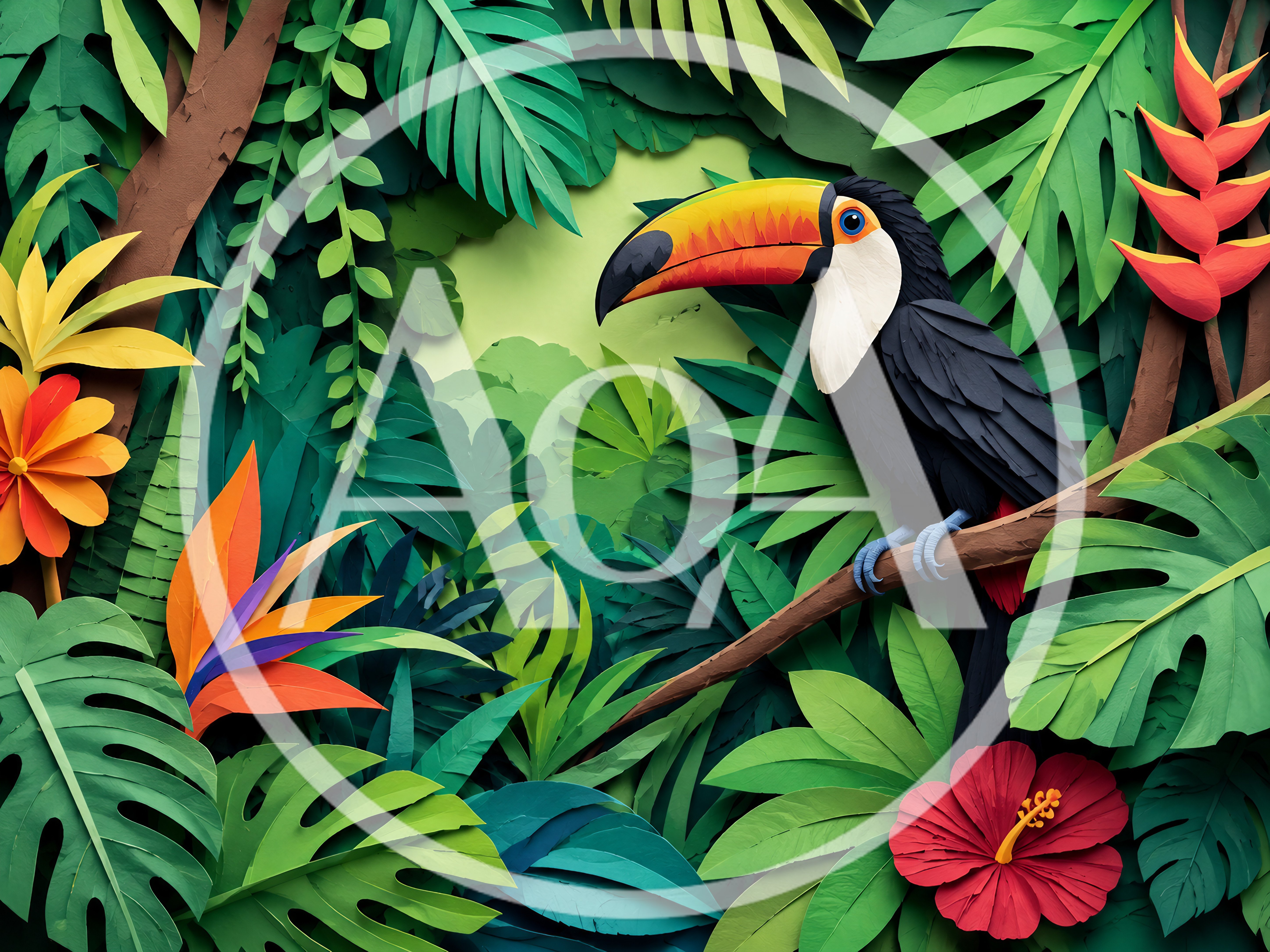 Papercraft Toucan Perched In A Lush Tropical Jungle