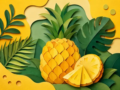 Paper Craft Pineapple Illustration With Tropical Leaves