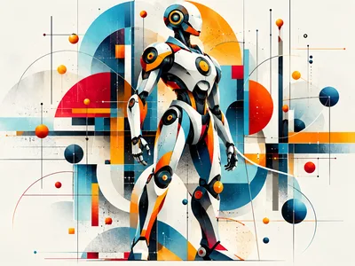 Futuristic Robot Standing Against Abstract Geometric Background