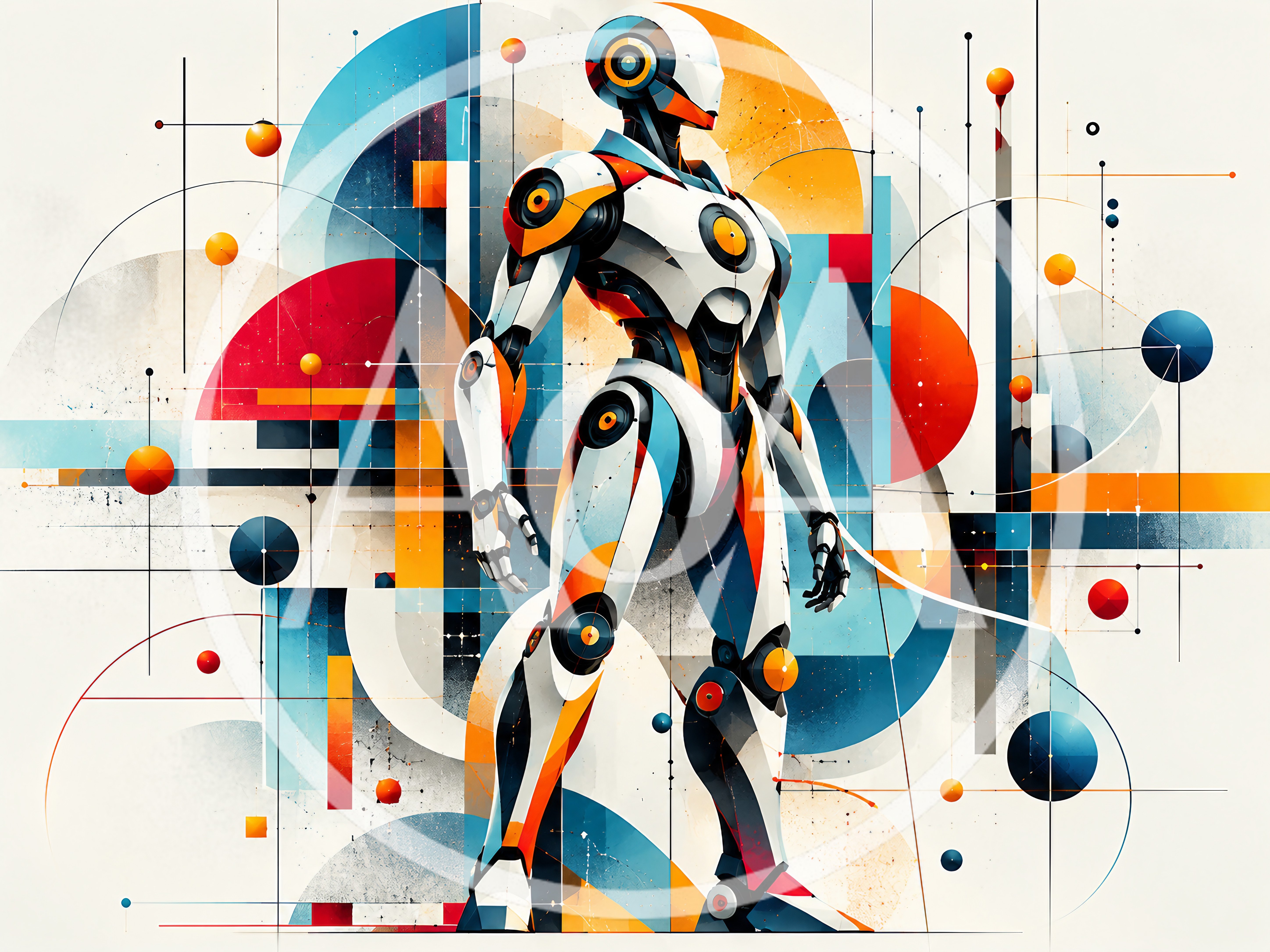 Futuristic Robot Standing Against Abstract Geometric Background