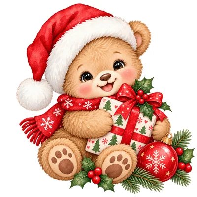 Cute Teddy Bear Holding Christmas Gift
