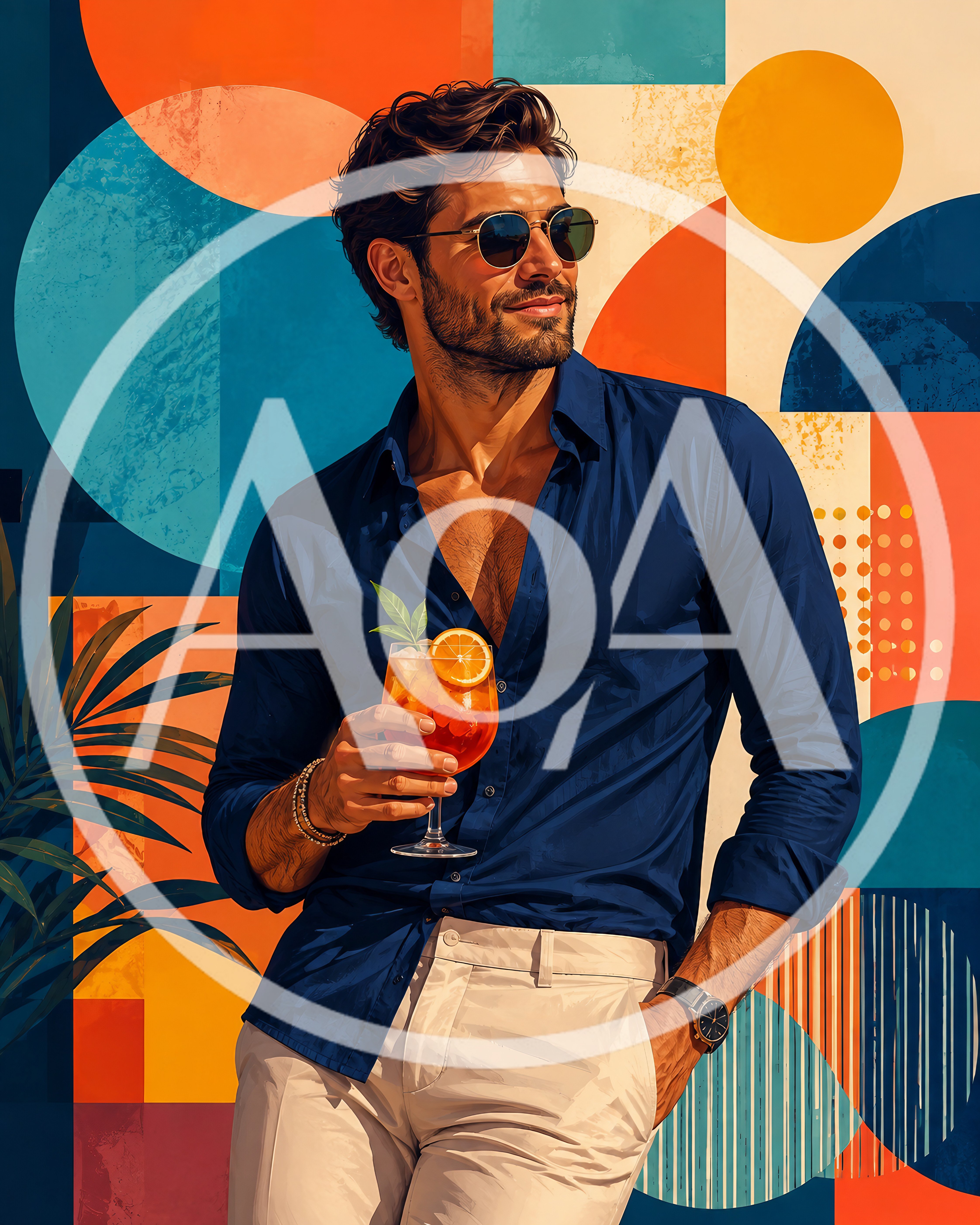 Stylish Man Holding Cocktail Against Geometric Background