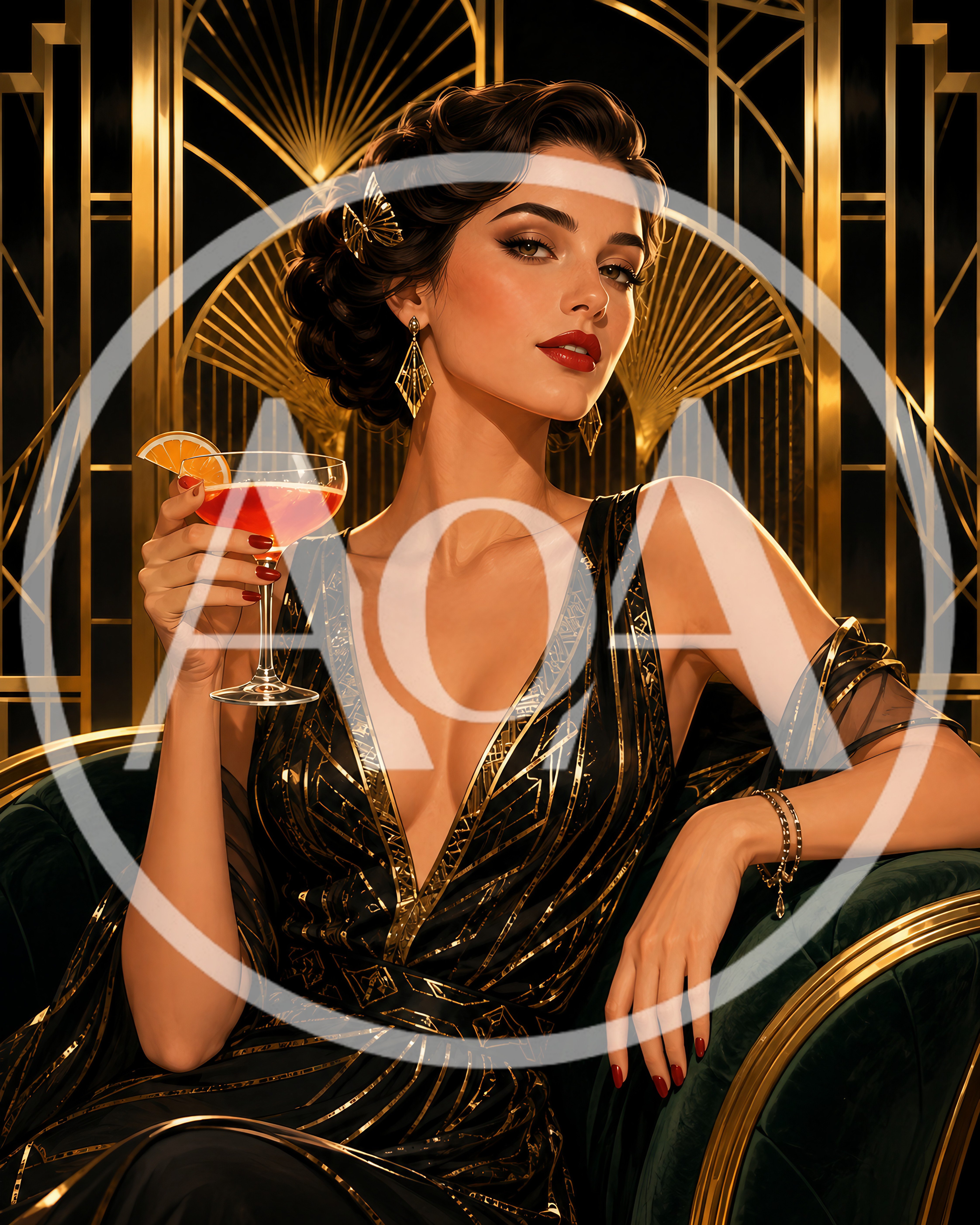Elegant Woman Holding Cocktail in Art Deco Setting