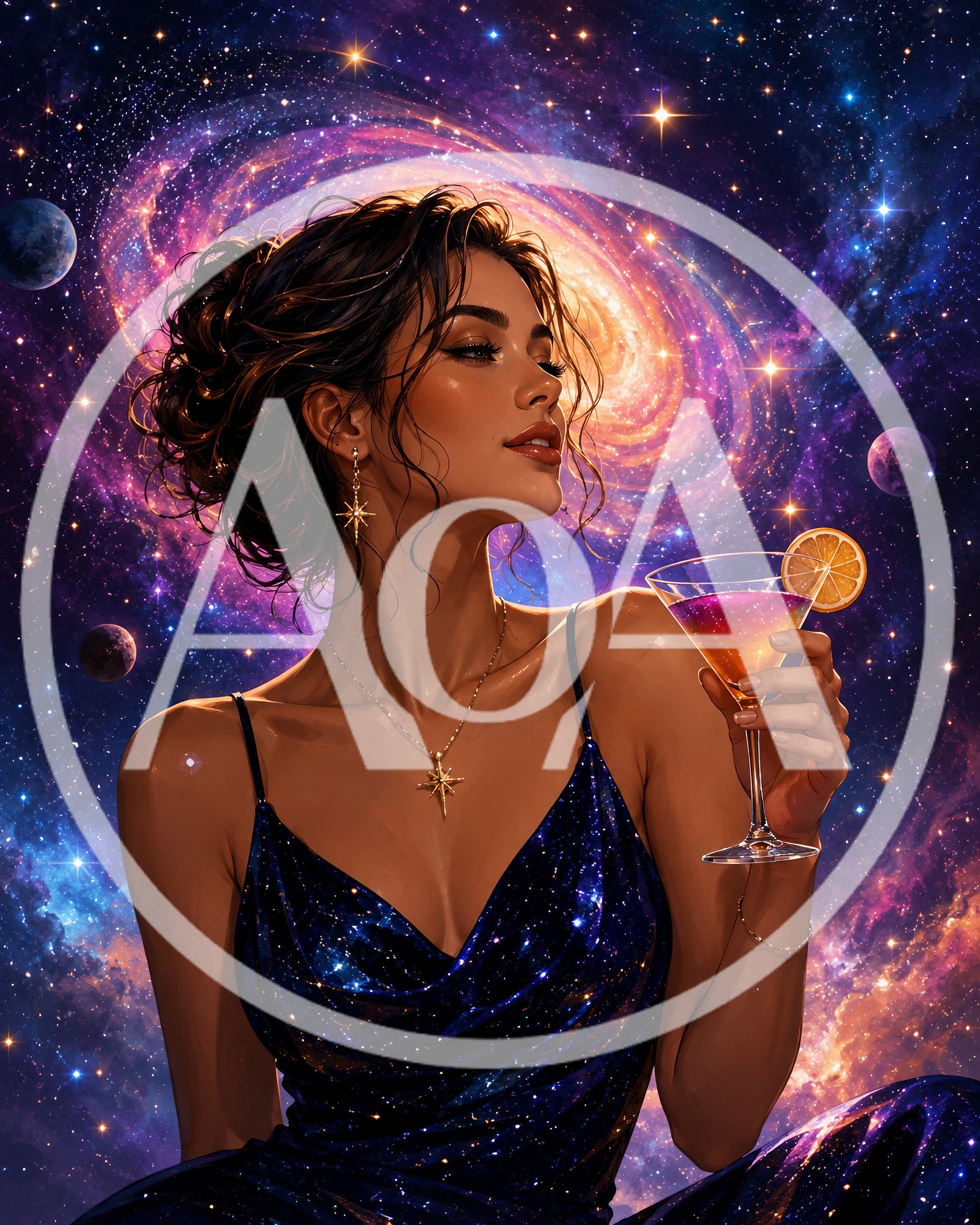 Elegant Woman Holding A Cocktail In Deep Space