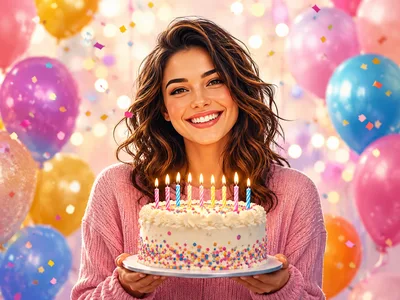 Young Woman Holding Birthday Cake With Lit Candles