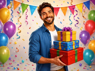 Smiling Man Holding Stack of Birthday Gifts