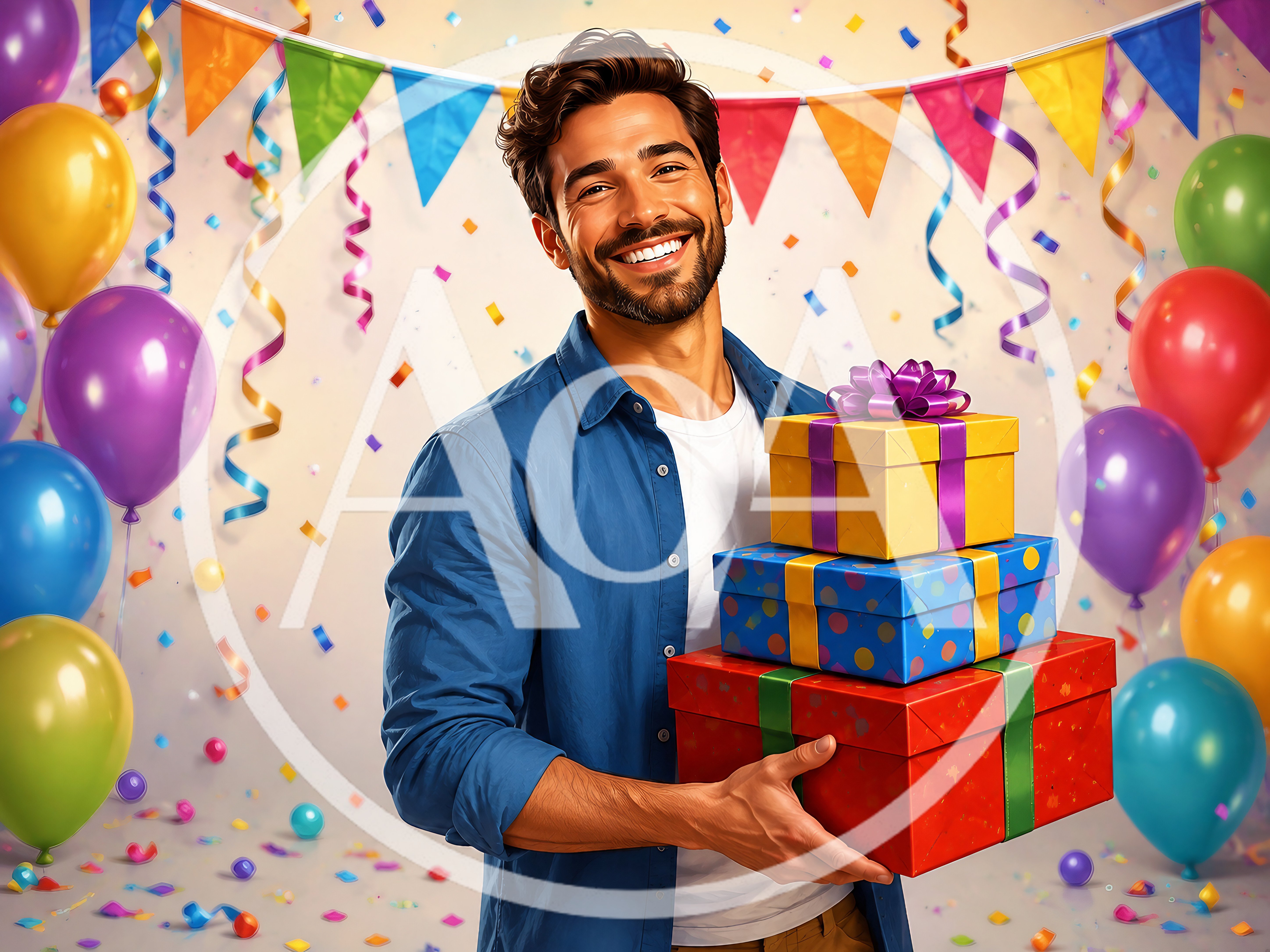 Smiling Man Holding Stack of Birthday Gifts