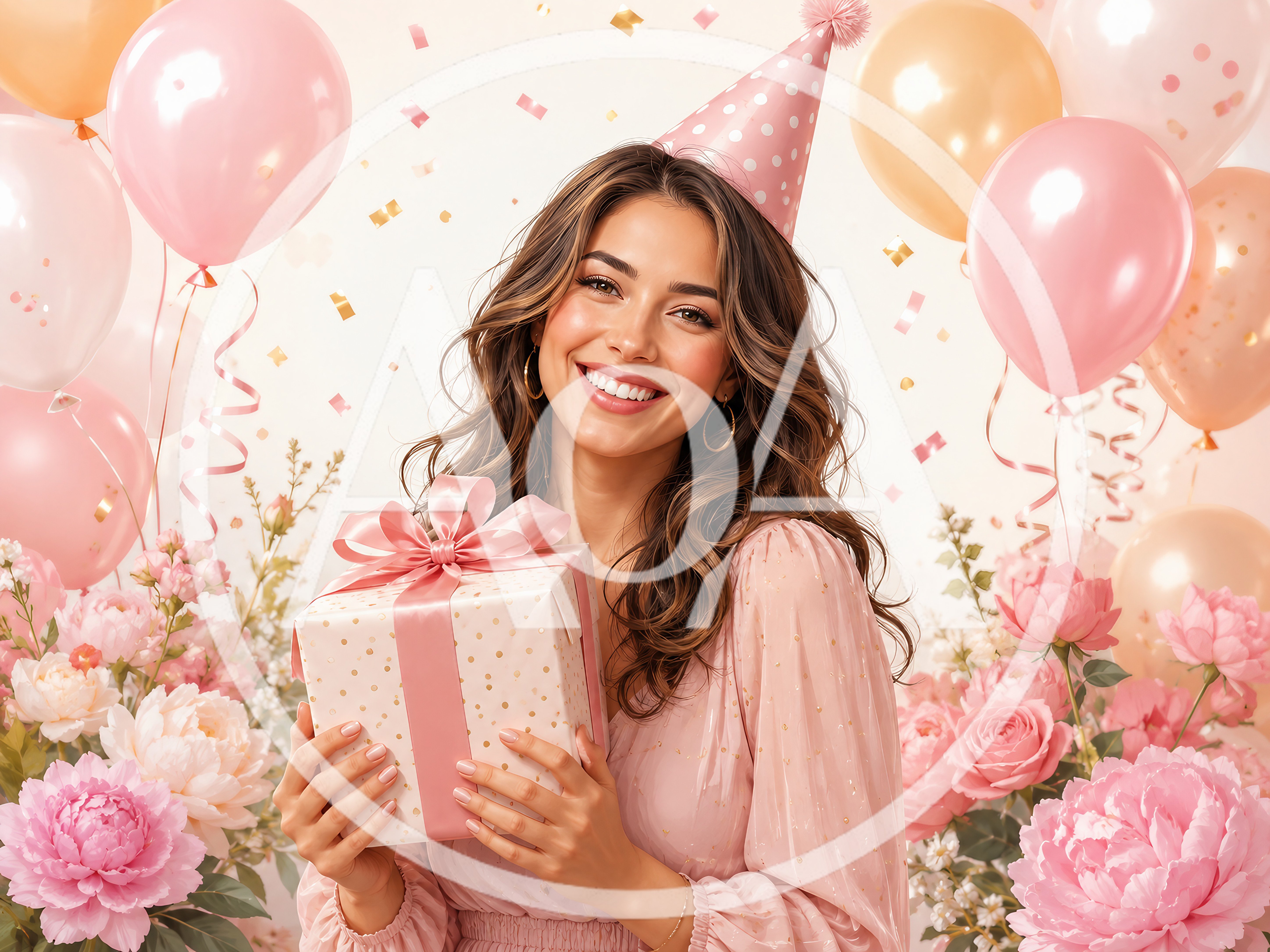Smiling Woman Holding Birthday Gift Surrounded By Flowers