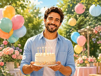 Smiling Man Holding Birthday Cake Outdoors