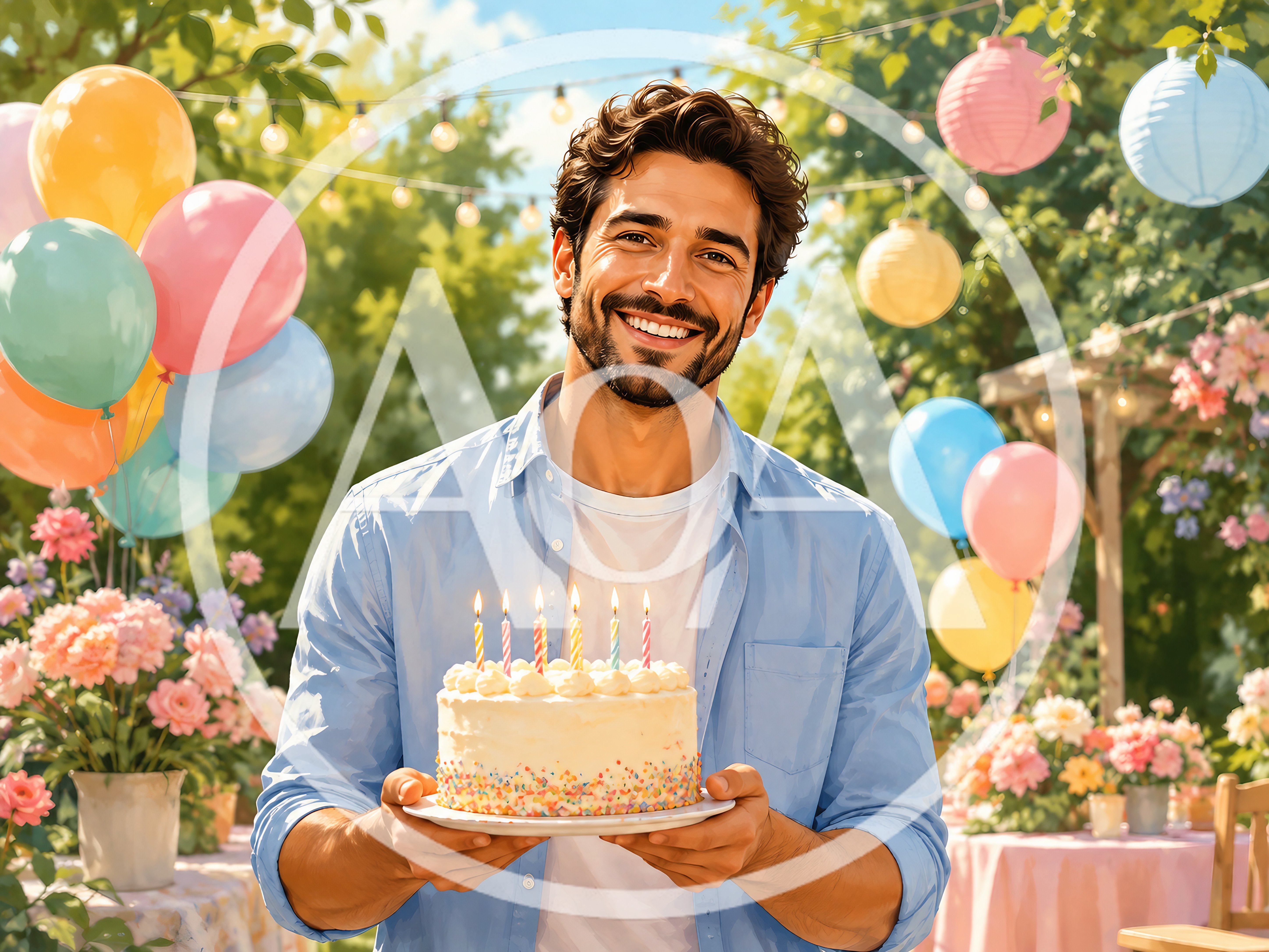 Smiling Man Holding Birthday Cake Outdoors