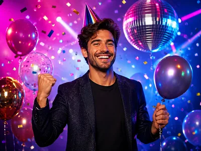 Happy Man Celebrating With Balloons And Confetti