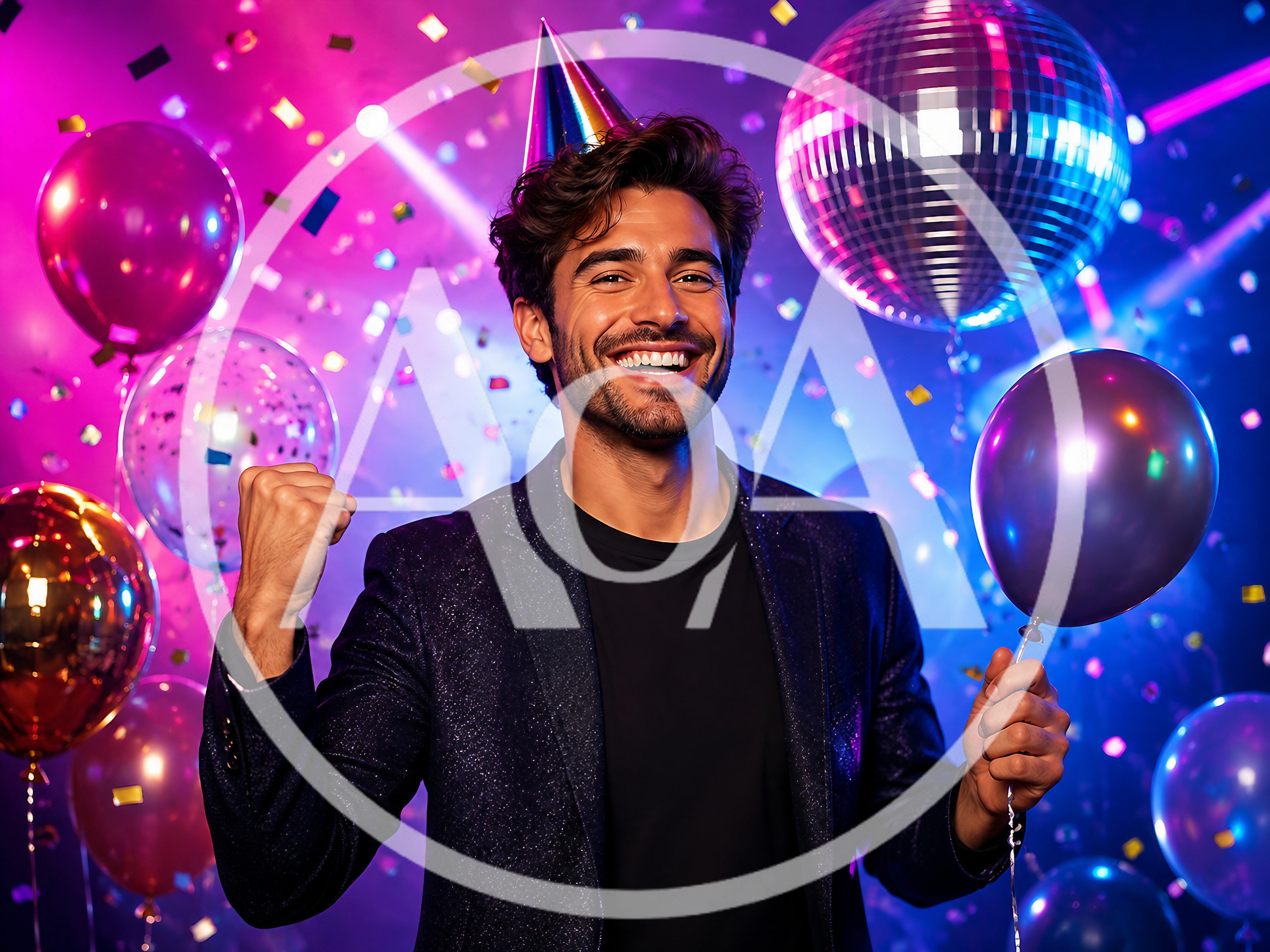 Happy Man Celebrating With Balloons And Confetti