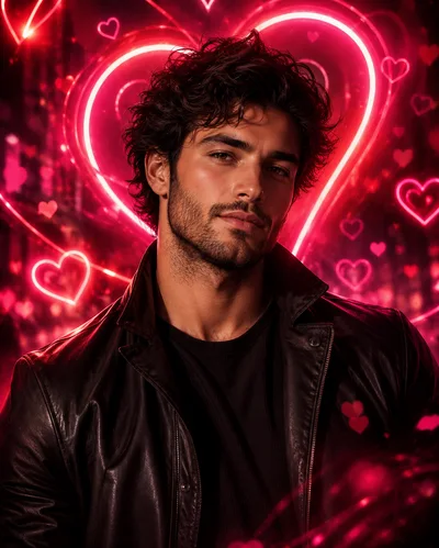 Handsome Man With Neon Heart Background
