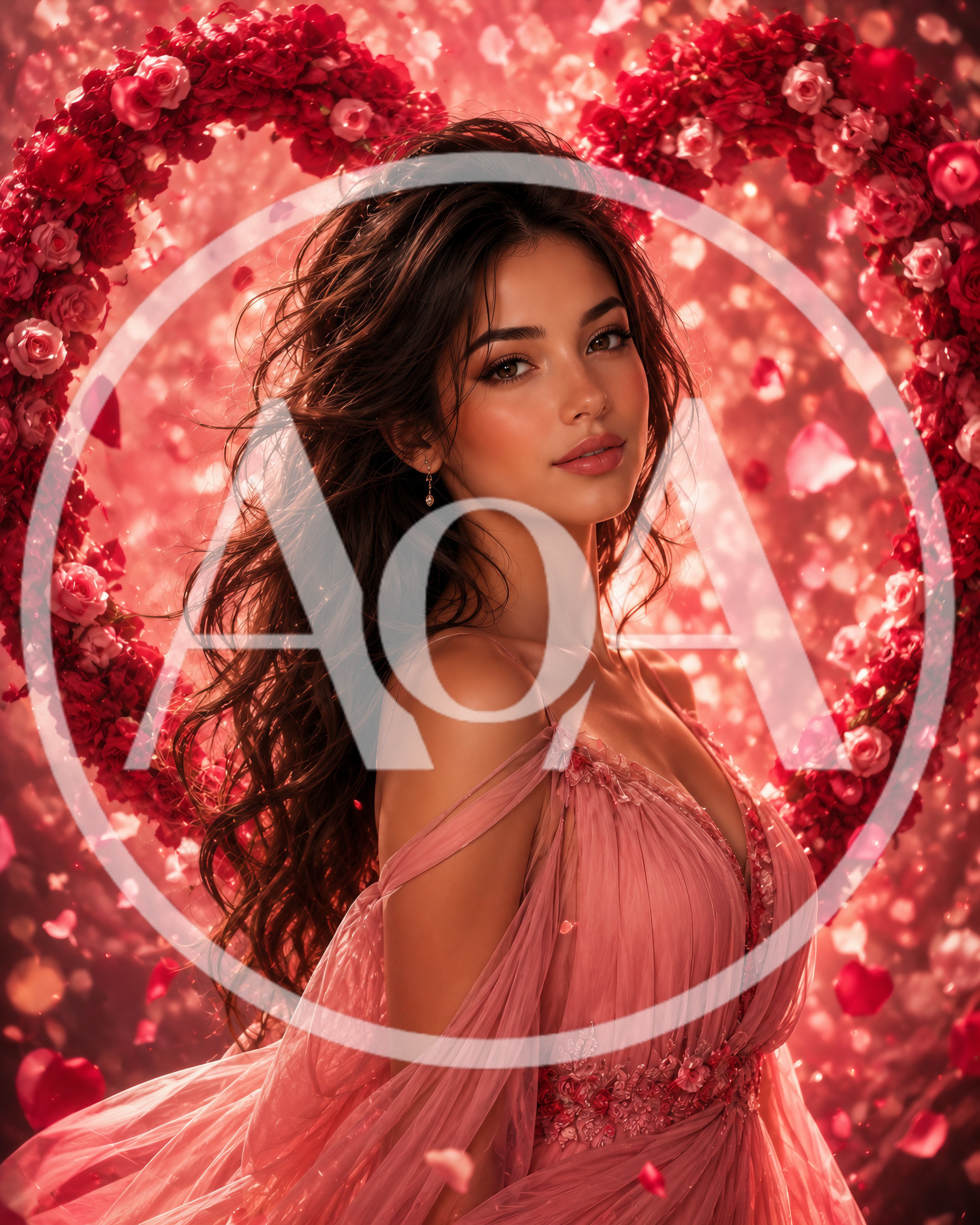Beautiful Woman In Pink Dress With Floral Heart Background