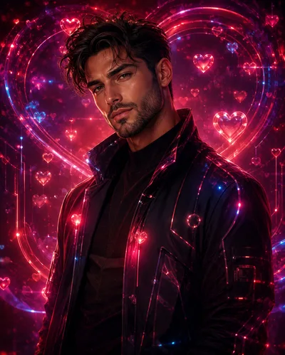 Handsome Man With Neon Heart Background