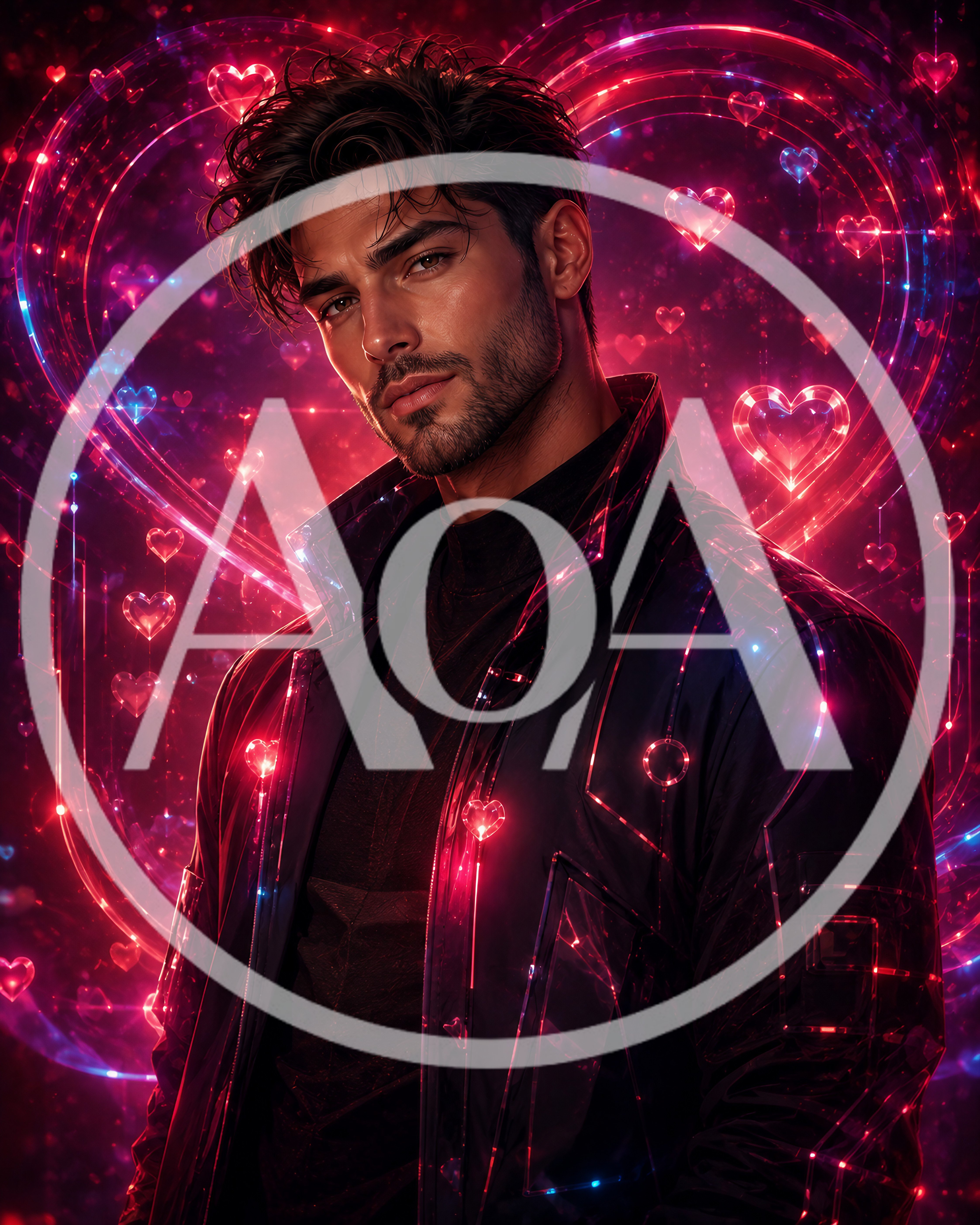 Handsome Man With Neon Heart Background