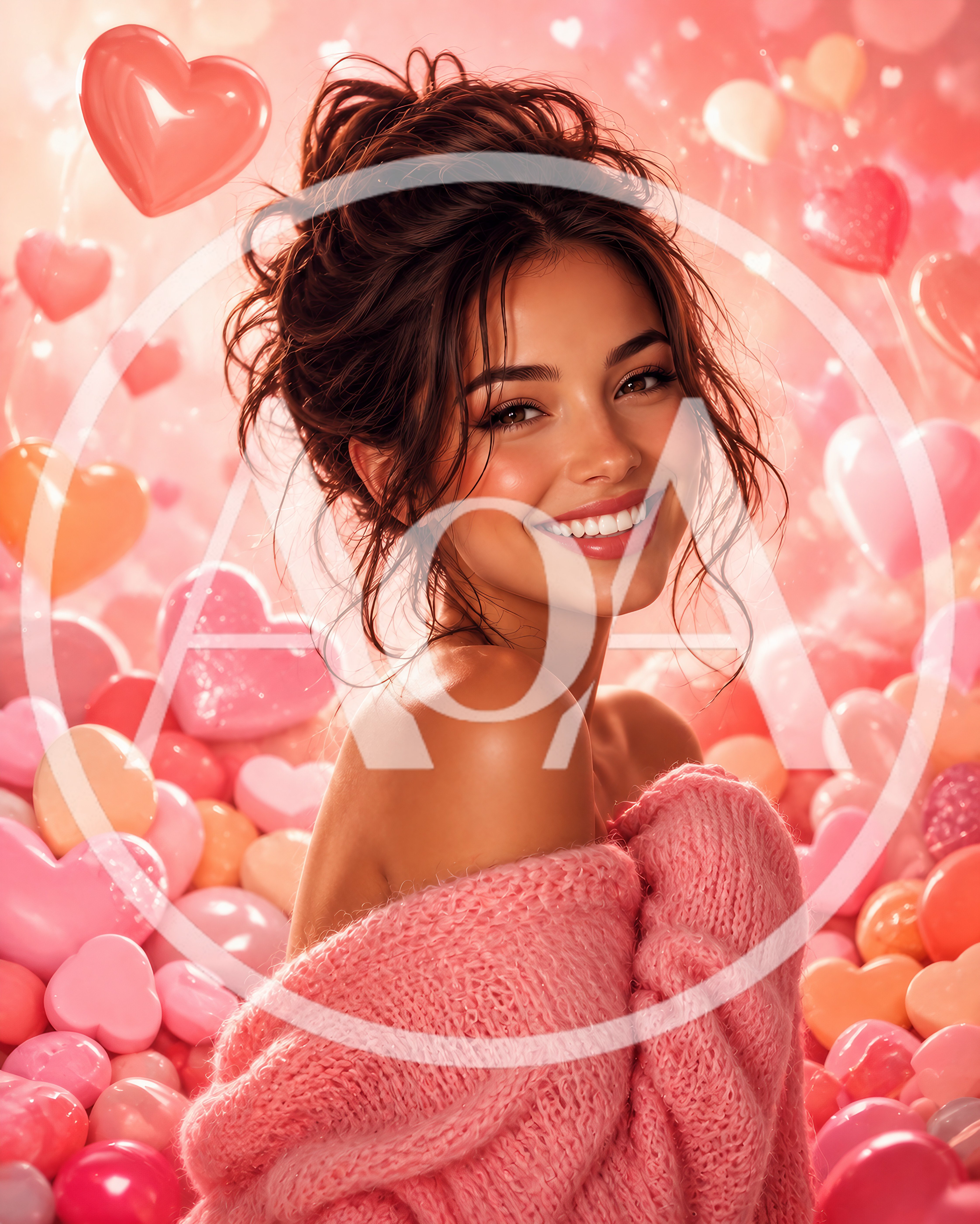 Beautiful Young Woman Smiling Amidst Floating Pink Hearts