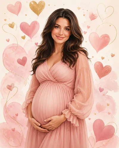 Pregnant Woman In Pink Dress With Heart Background