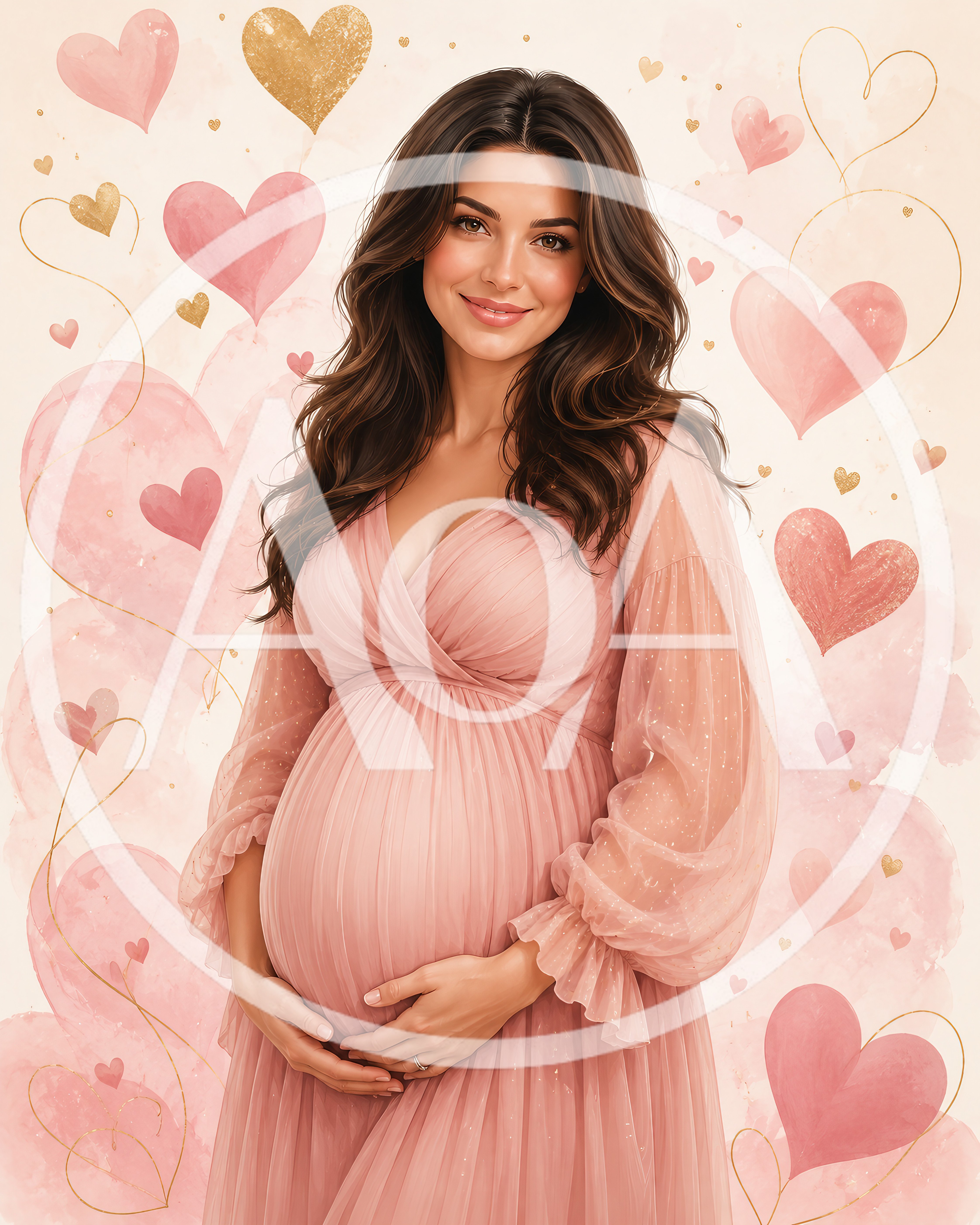 Pregnant Woman In Pink Dress With Heart Background