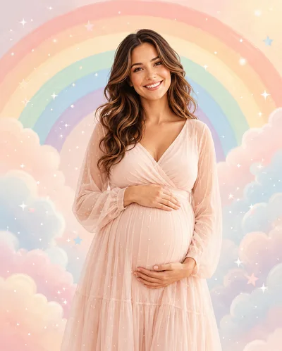 Pregnant Woman Smiling In A Dreamy Rainbow Setting