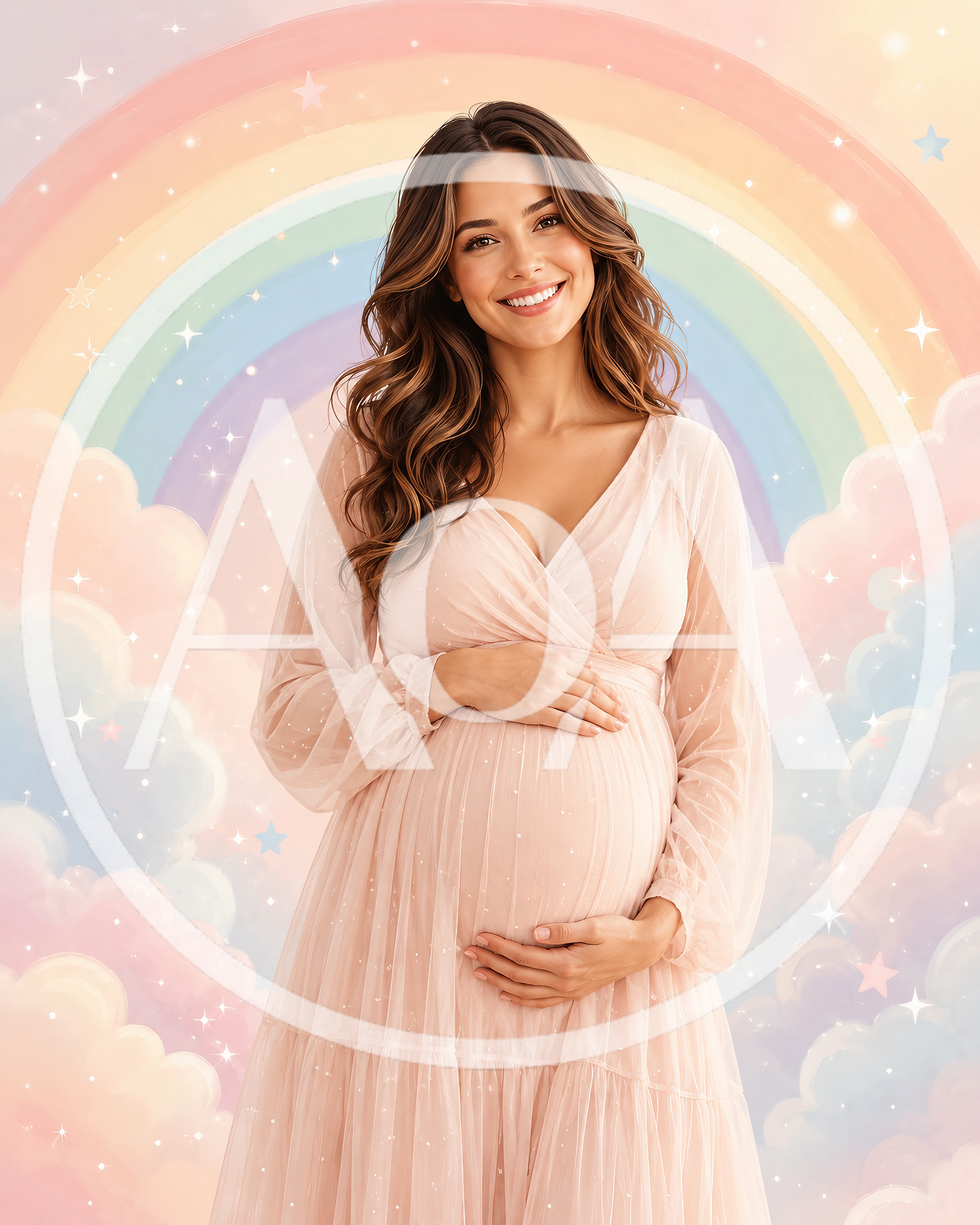 Pregnant Woman Smiling In A Dreamy Rainbow Setting