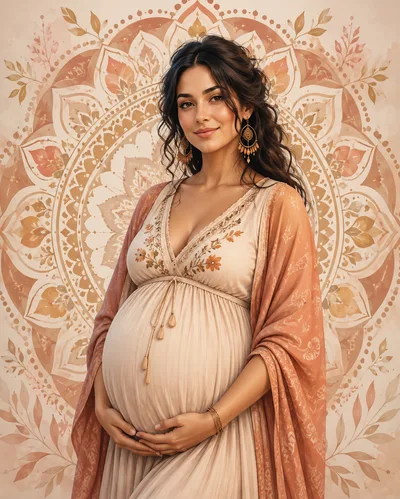Pregnant Woman Posing Against Decorative Mandala Background