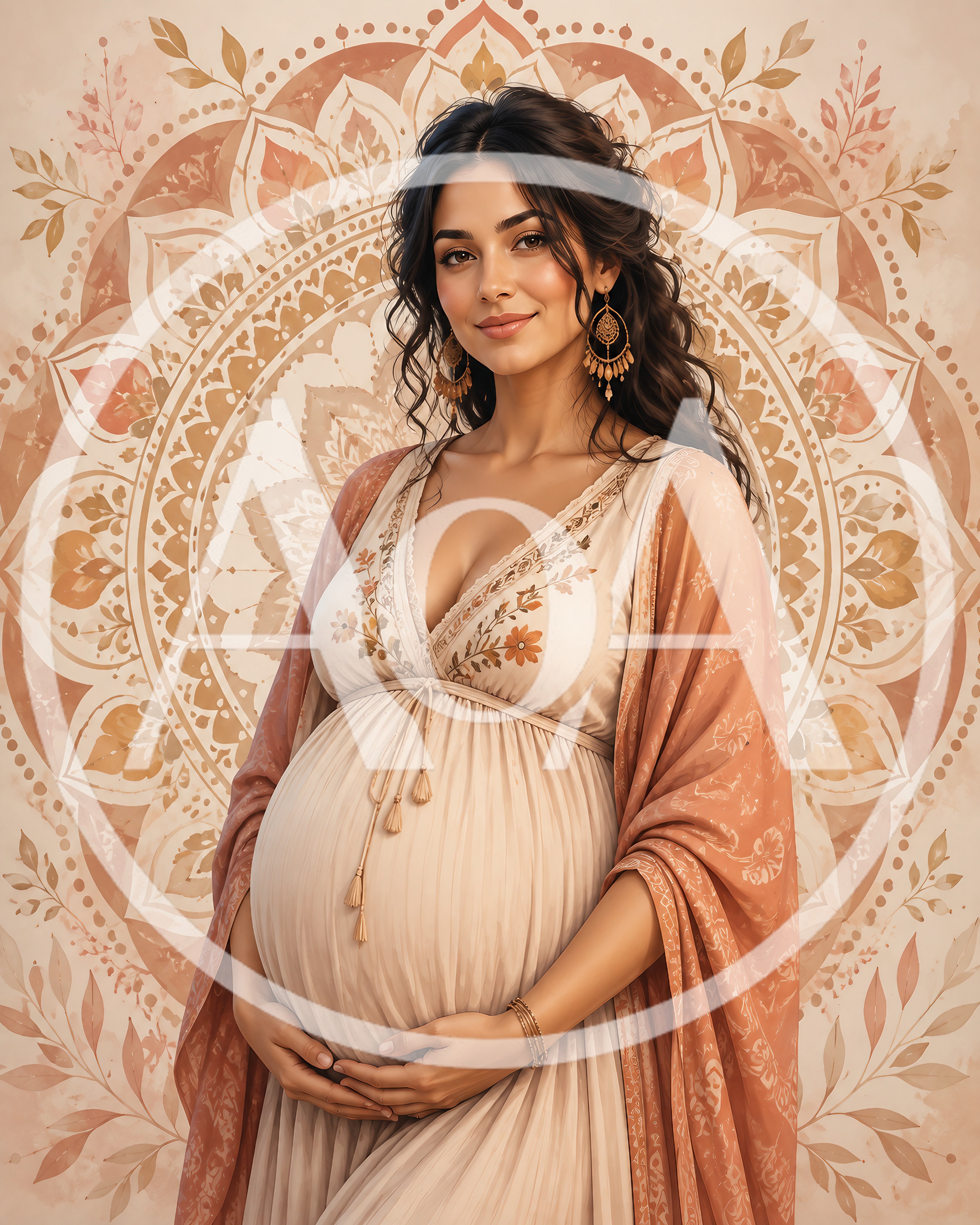 Pregnant Woman Posing Against Decorative Mandala Background