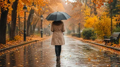 Woman Walking With Umbrella In Autumn Park