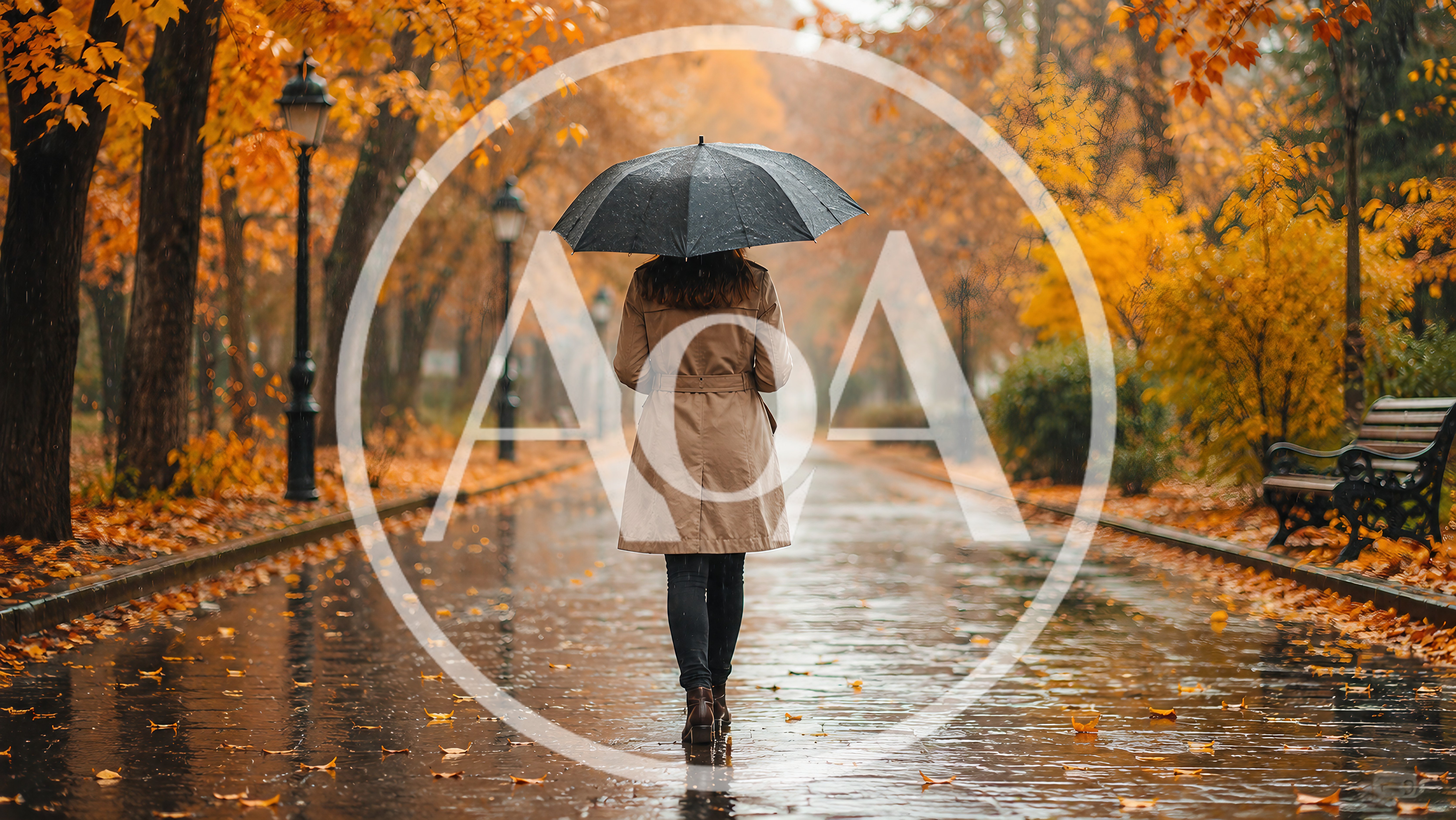 Woman Walking With Umbrella In Autumn Park