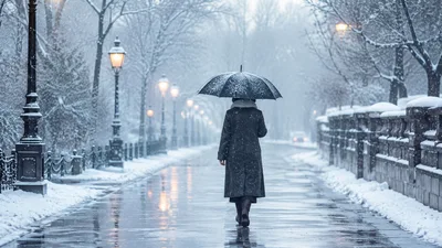 Person Walking With Umbrella On Snowy City Path