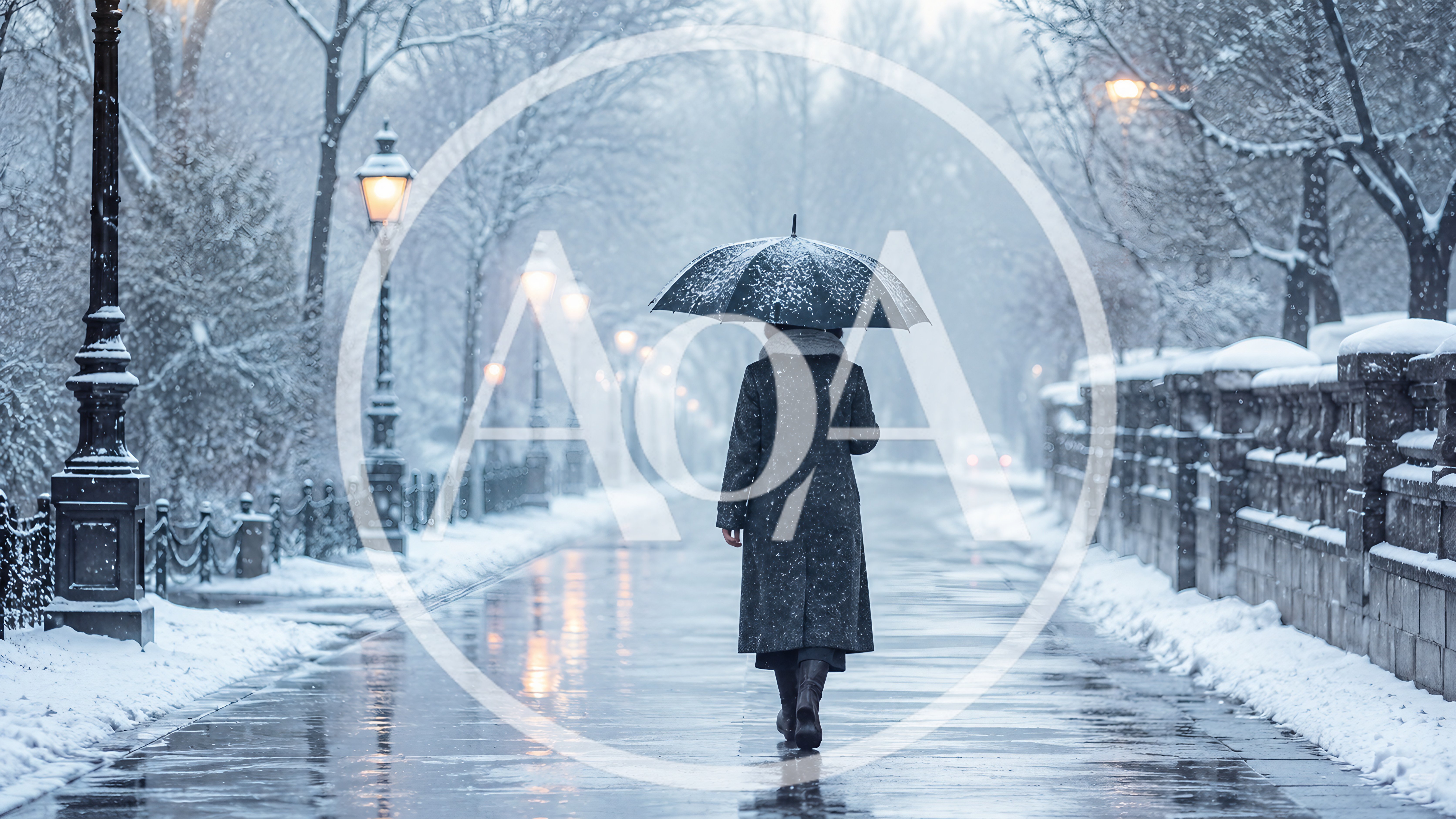Person Walking With Umbrella On Snowy City Path