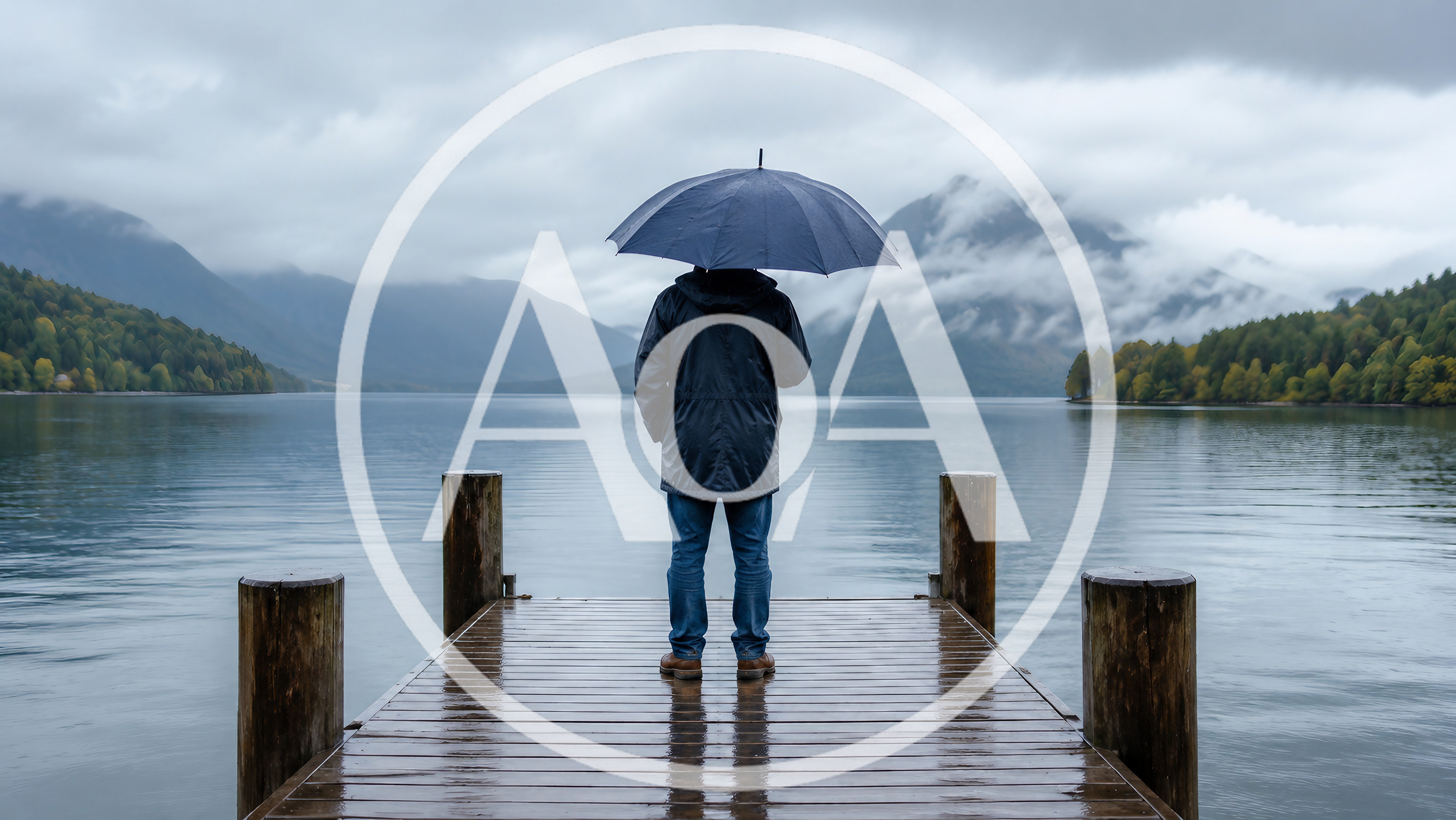 Man Standing On A Wooden Pier With An Umbrella