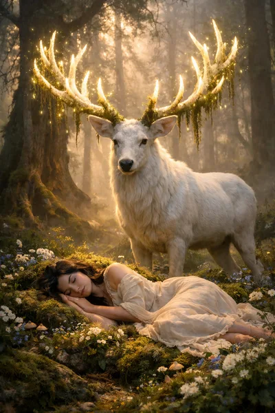Sleeping Woman With A Magical Glowing White Stag