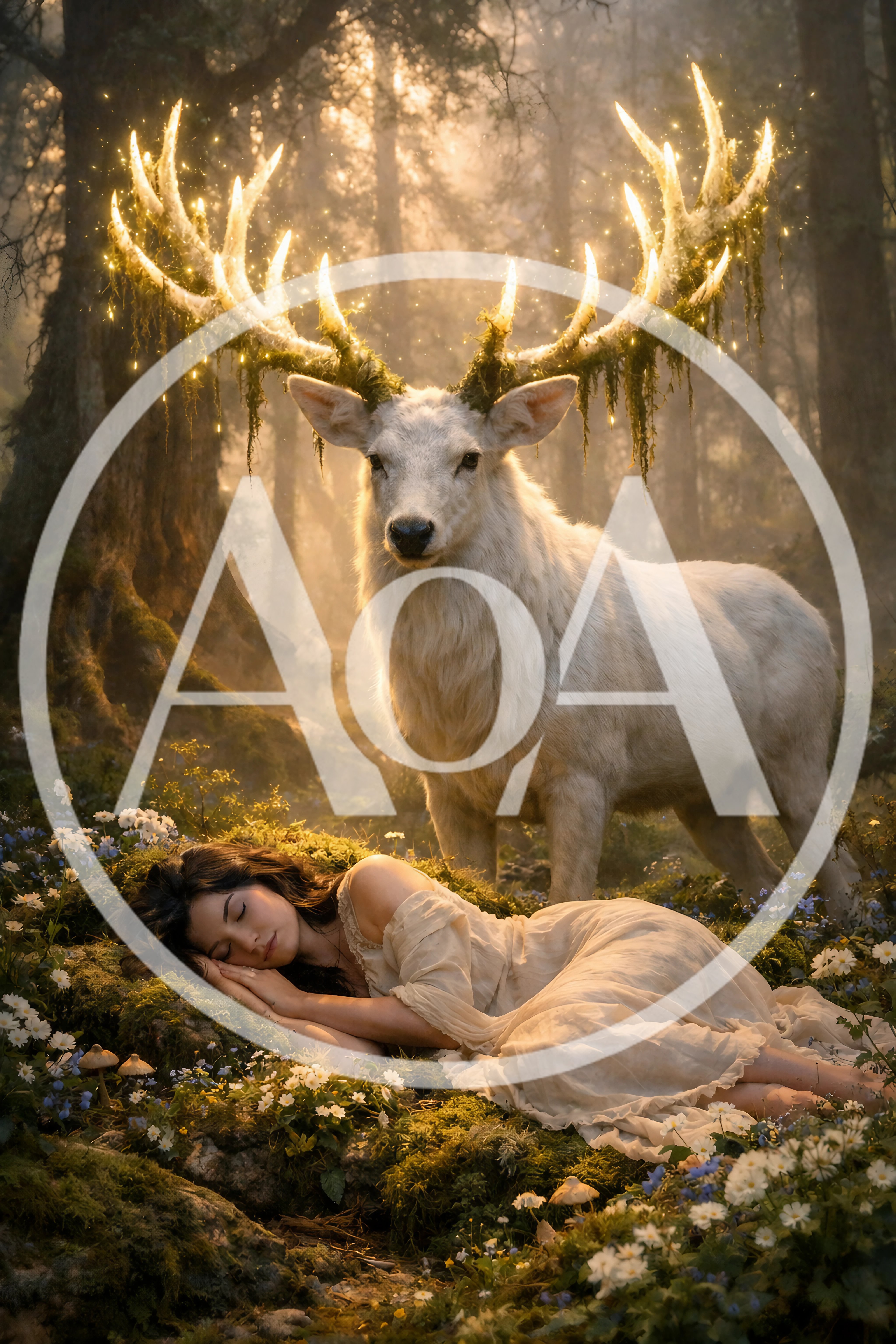 Sleeping Woman With A Magical Glowing White Stag