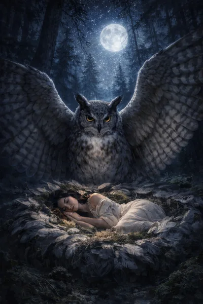 Woman Sleeping In A Giant Owl Nest