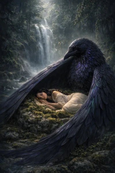 Sleeping Woman Protected By A Giant Raven