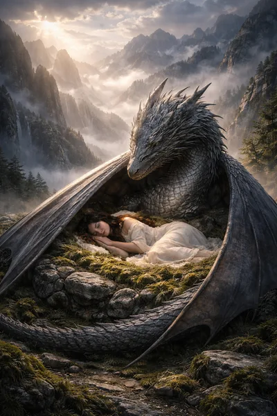 Woman Sleeping Protected By A Large Silver Dragon